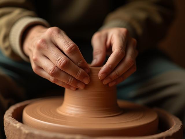 도자기를 빚는 손의 클로즈업