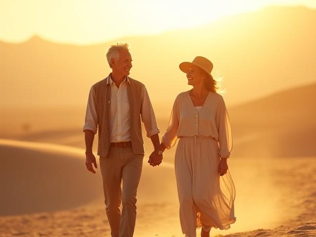 밝고 건강해 보이는 중년 부부가 자연 속에서 함께 걷는 모습